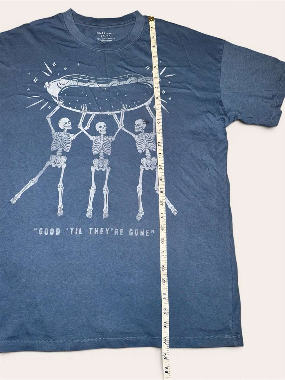 American Eagle Blue Crewneck Tee with Skeleton Hot Dog Graphic Size XS/S NWT - Picture 6 of 6